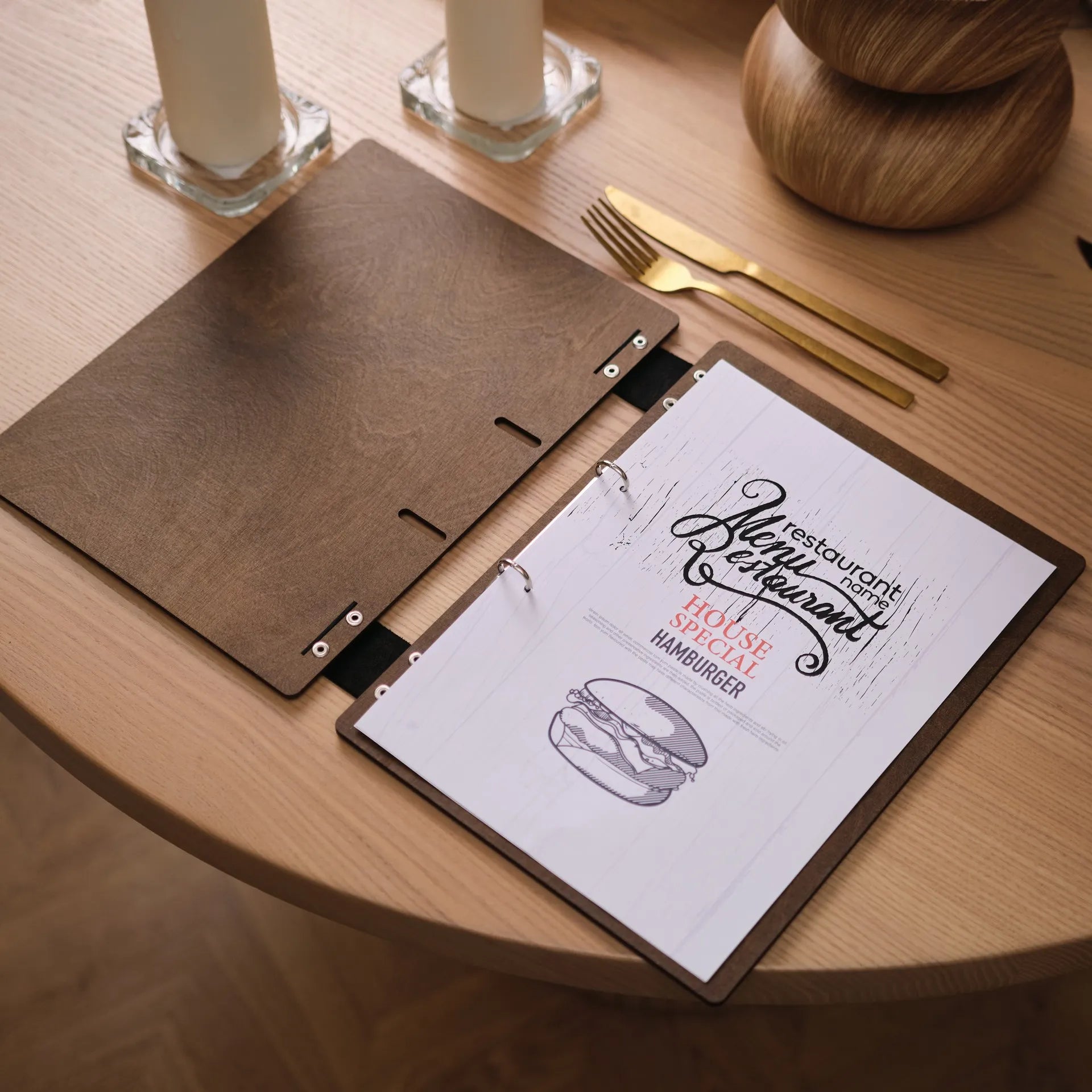 Wooden Menu Holder with Ring Binder Mechanism (M04A4)