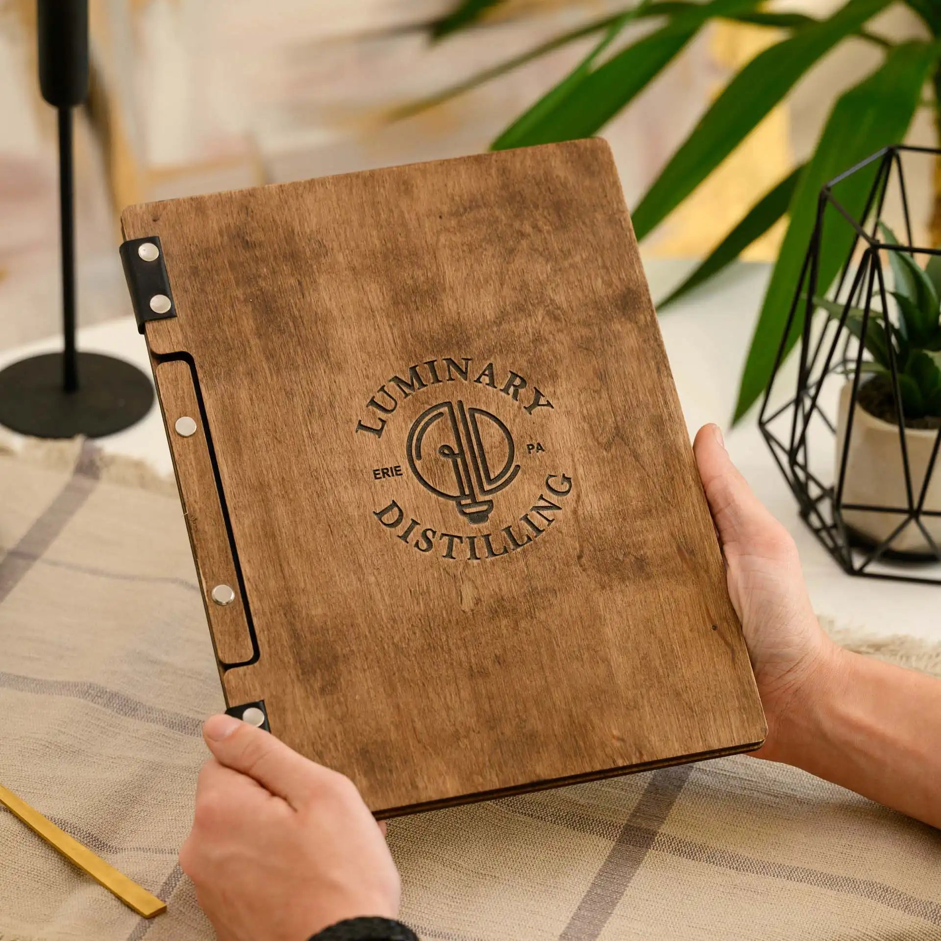Elevate your presentation with our engraved wooden menu holder, adding rustic charm to your establishment.