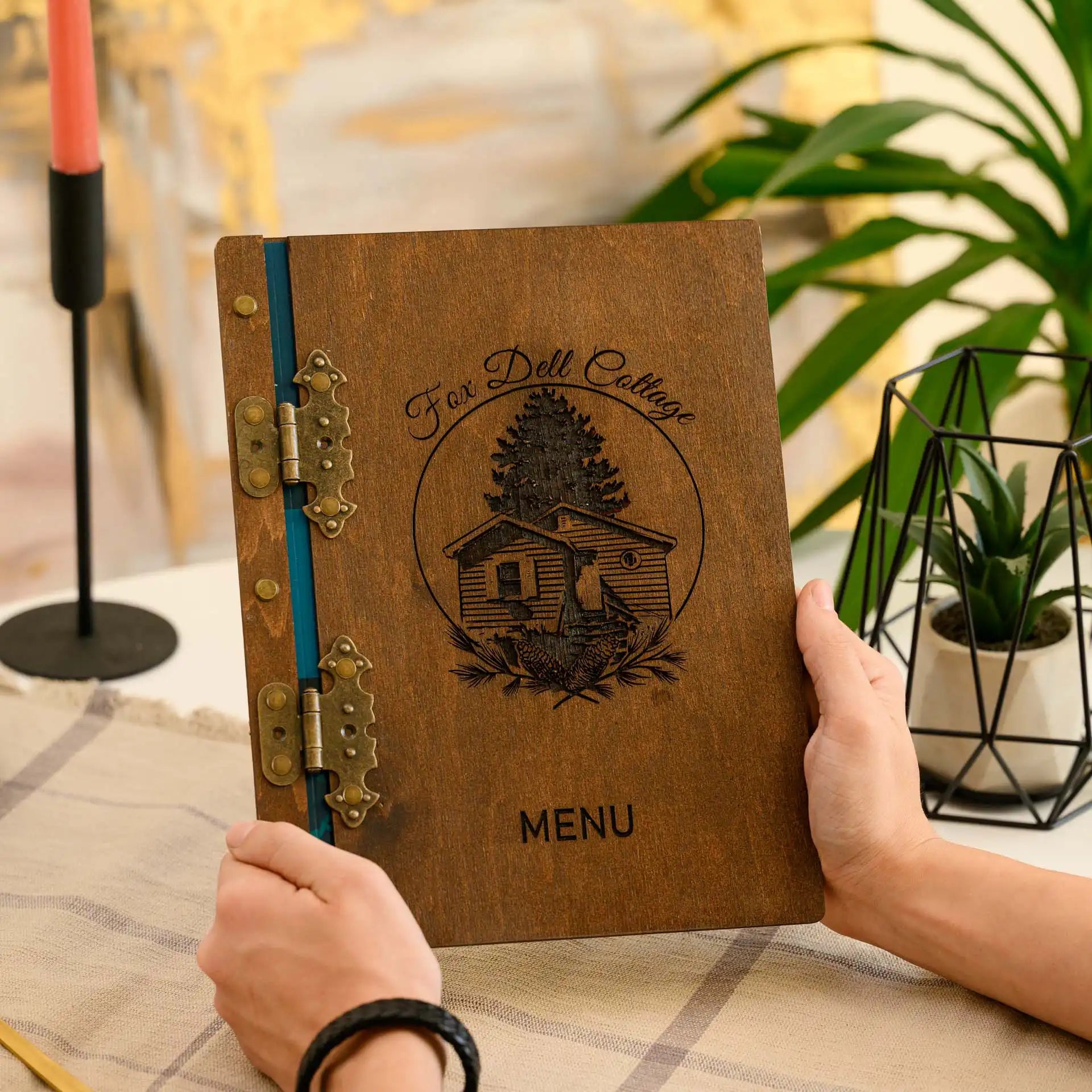 Engraved Menu Holder: Elevate presentation with personalized detailing on classic wood.