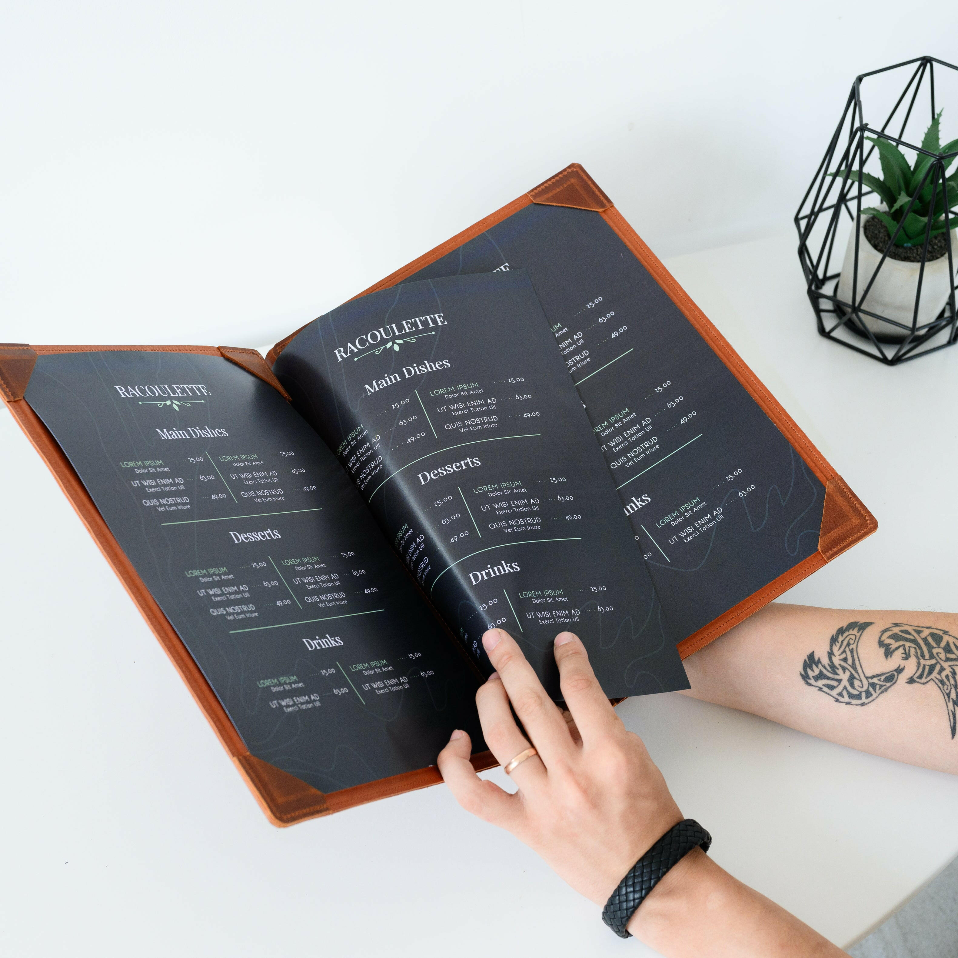 Present your menu in our hard cover holder, designed with corner mounting for a durable and elegant display.