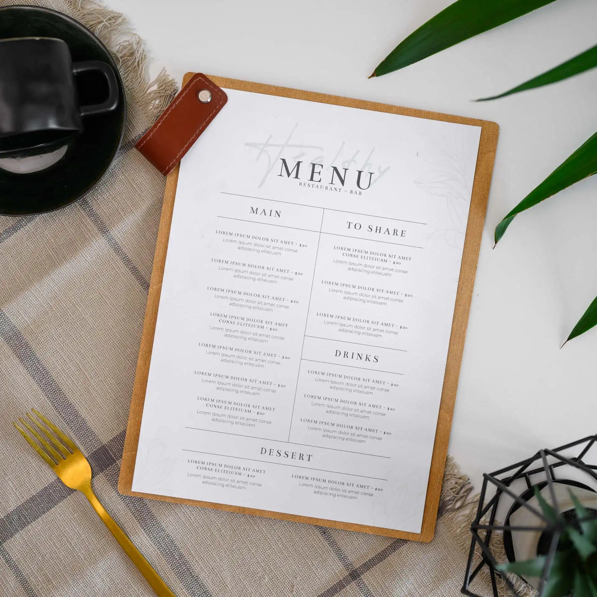 Wooden Menu Board with Leather Handle (P09A2)