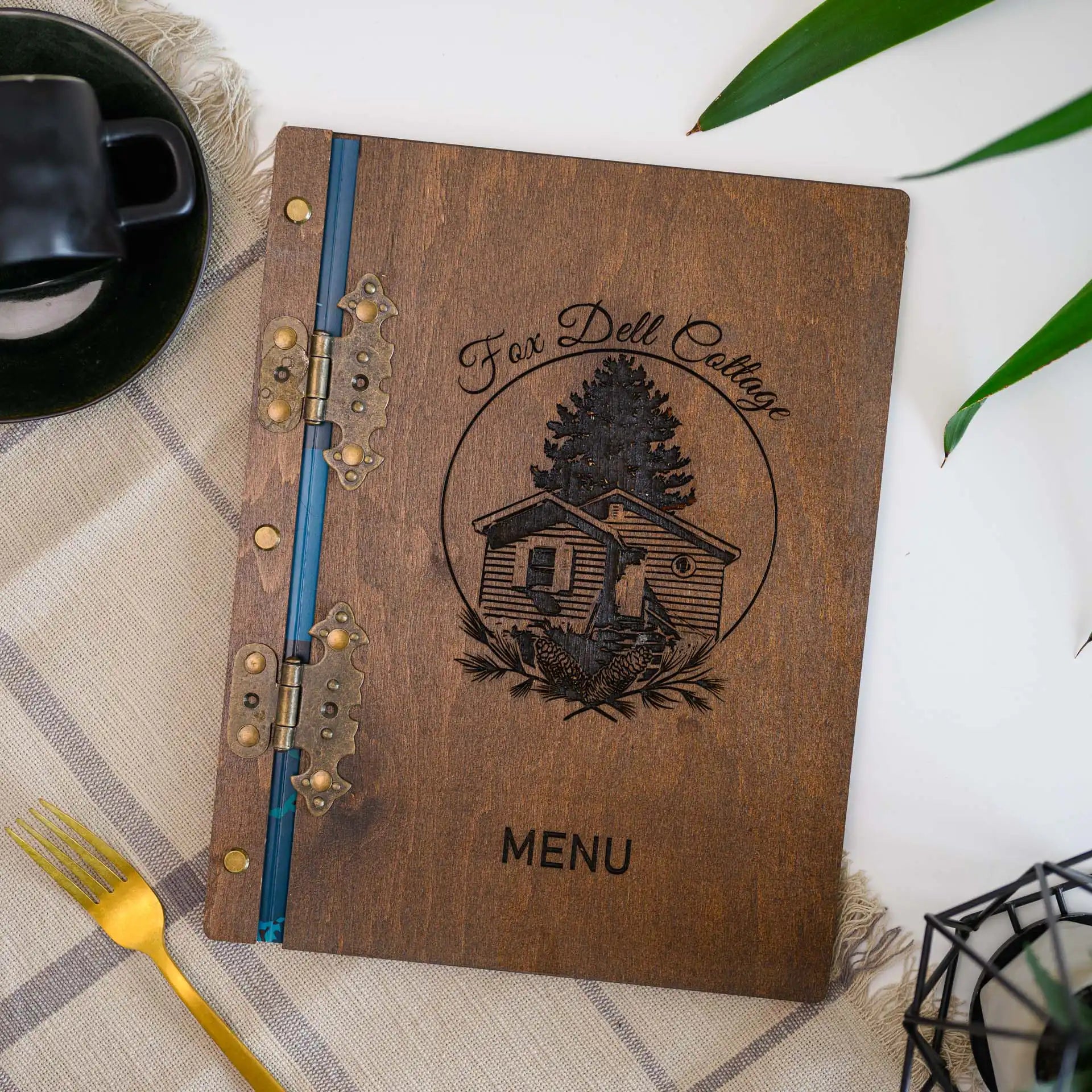 Wooden Menu Cover with Hinges: Offers a rustic charm with practicality for easy flipping.