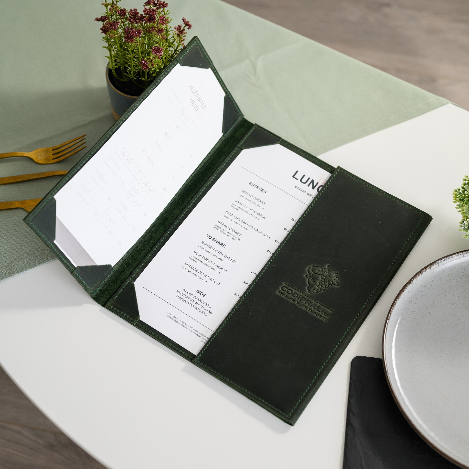 Leather Trifold Menu Holder with one field for US Letter Sheet and two fields for Half of Letter  (LM17A2)