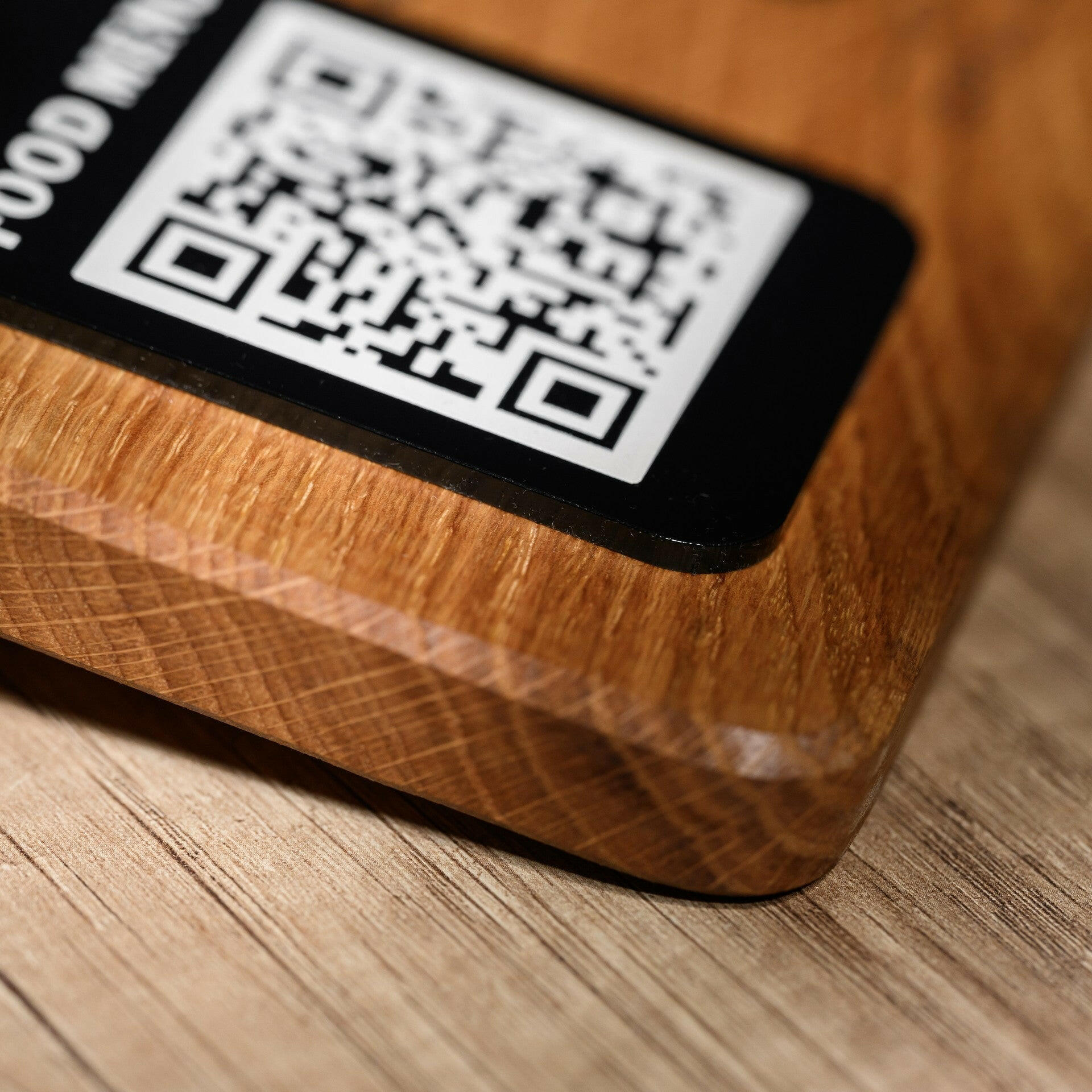 QR Menu Sign on Acrylic Tablet and Oaken base