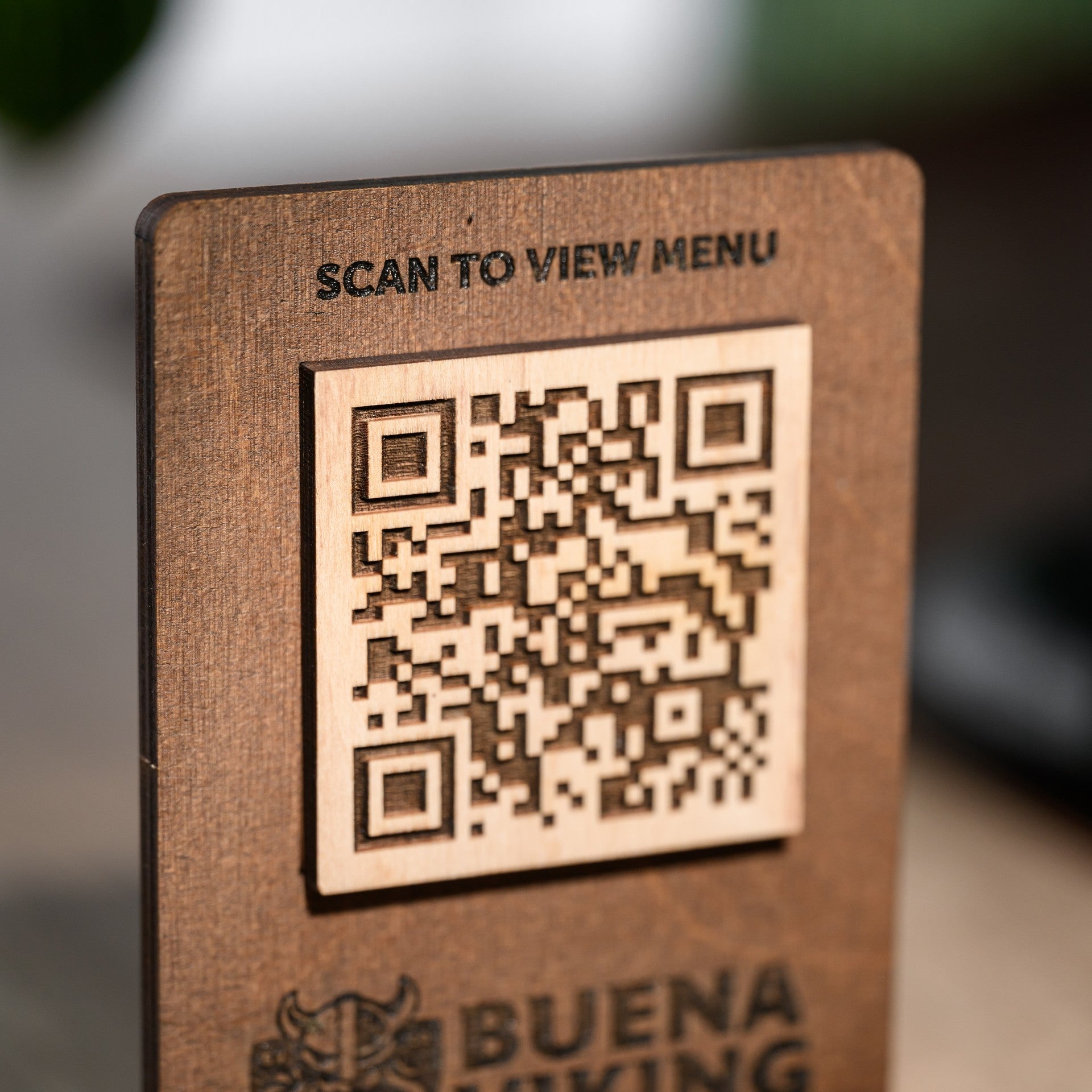 Touchless Menu Sign for a modern dining experience. Scannable QR code on a desktop stand, perfect for cafes and bars.