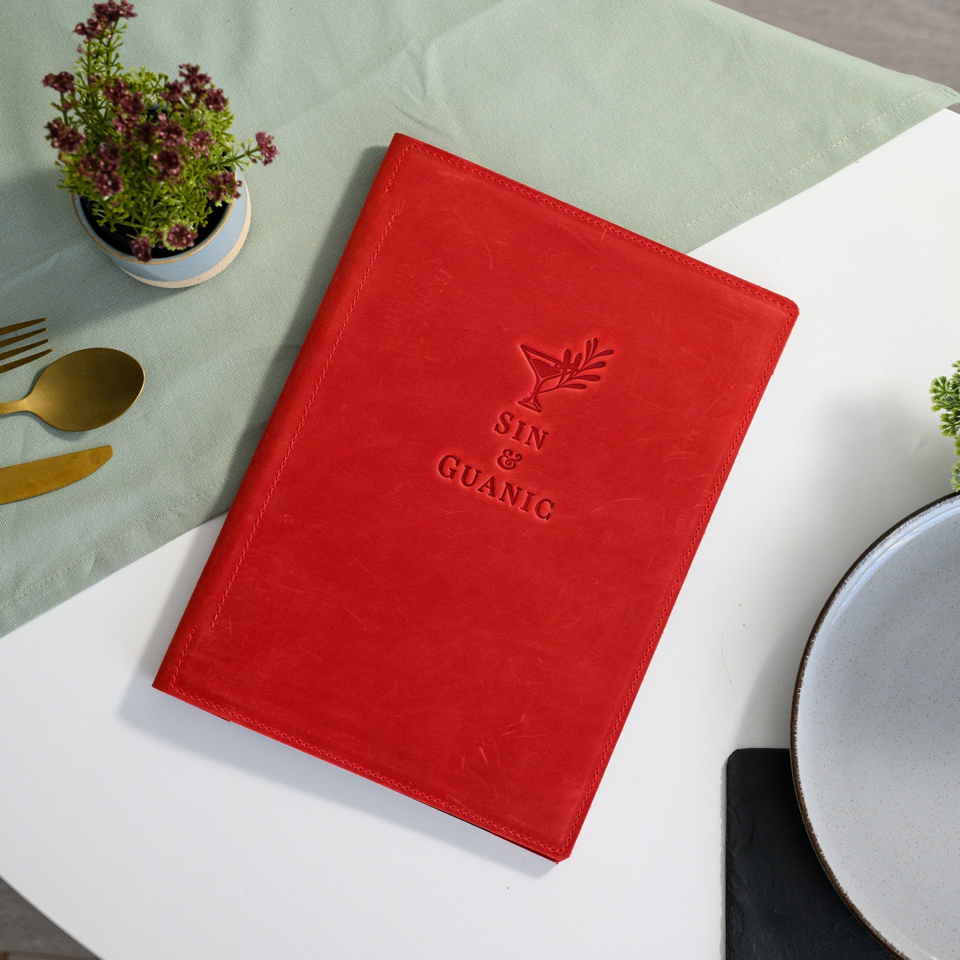 Luxurious Leather Restaurant Menu Folder, exuding elegance and sophistication, elevating the dining ambiance with its refined presentation and timeless design.