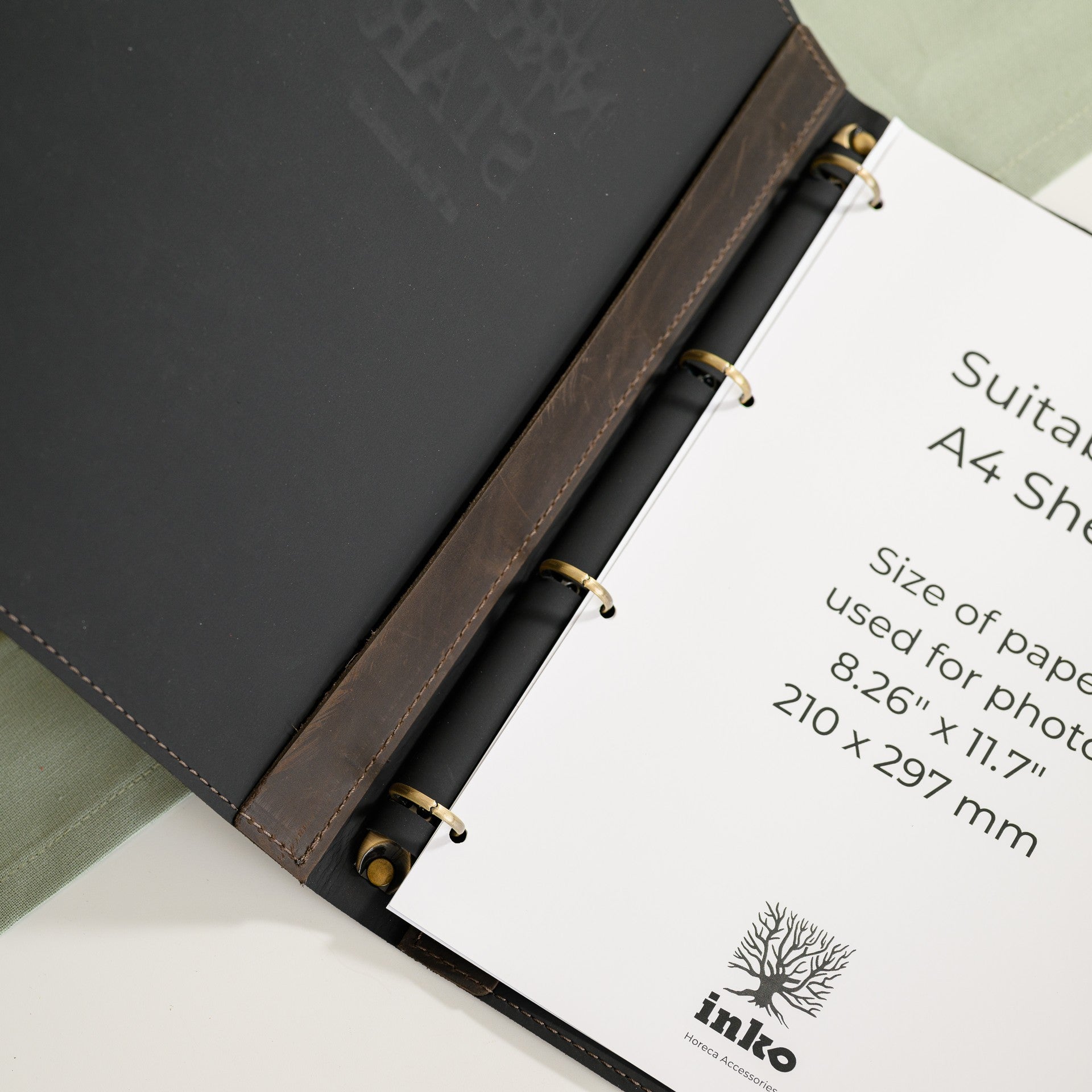 Leather Menu Folder with Brass Ring Binder and Corner Mountings suitable for A4 Sheets (LM11A4)