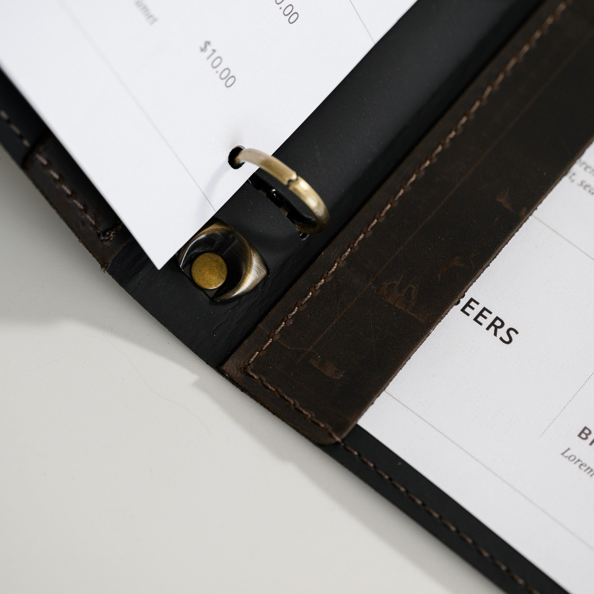 Leather Menu Folder with Brass Ring Binder and Corner Mountings suitable for A4 Sheets