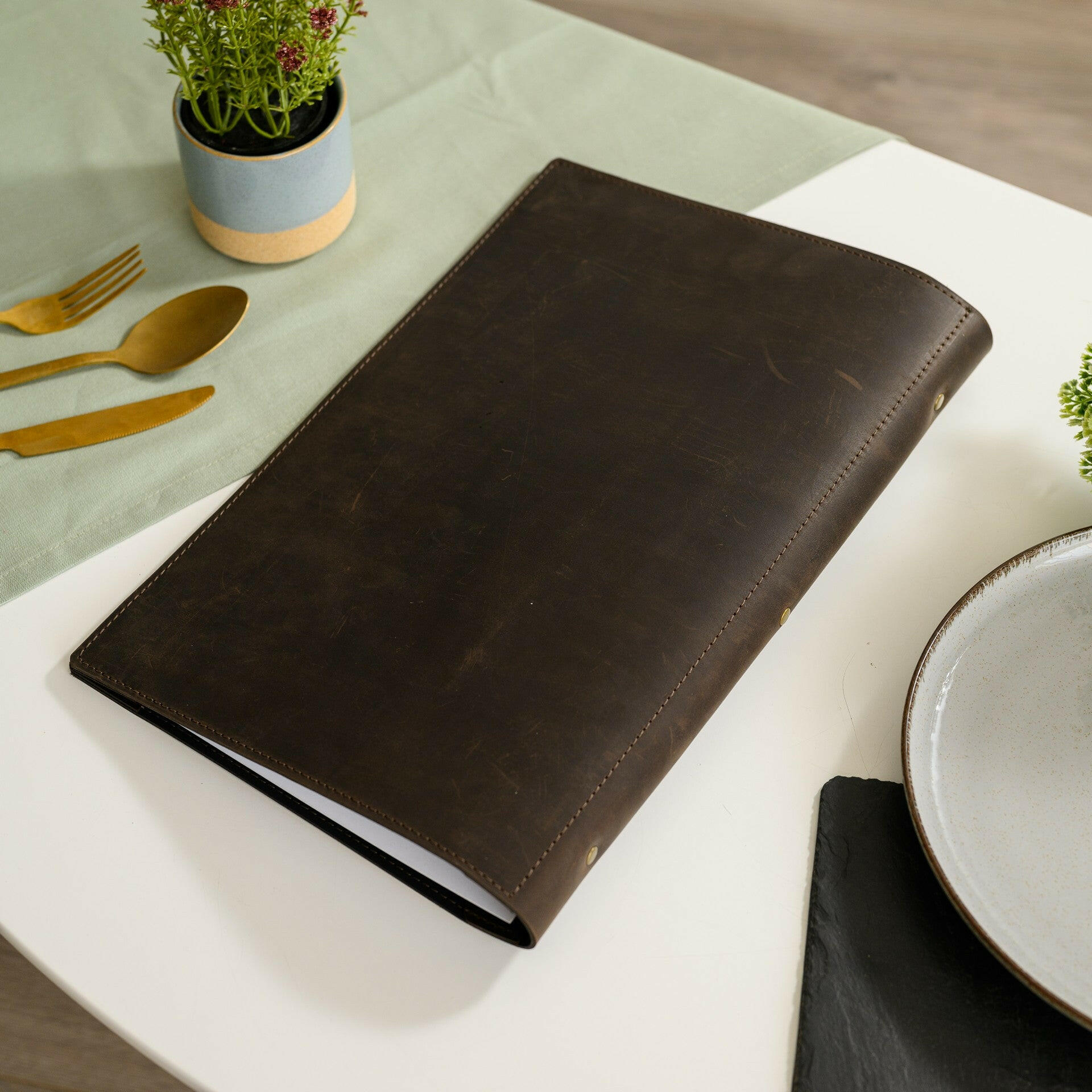 Present your menus in style with our leather holder, perfectly sized for legal sheets.