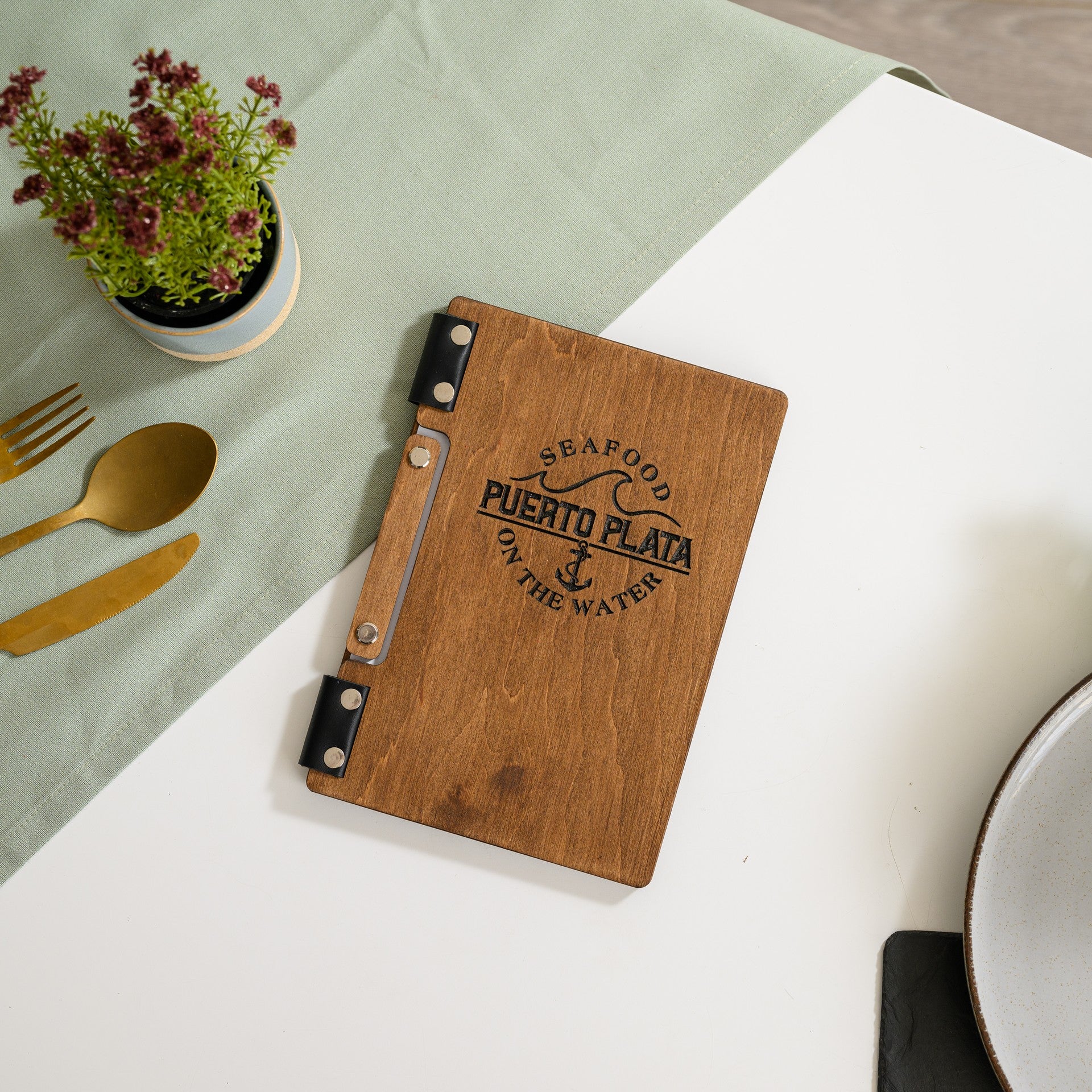 Elevate your presentation with our engraved wooden menu holder, adding rustic elegance to your establishment.