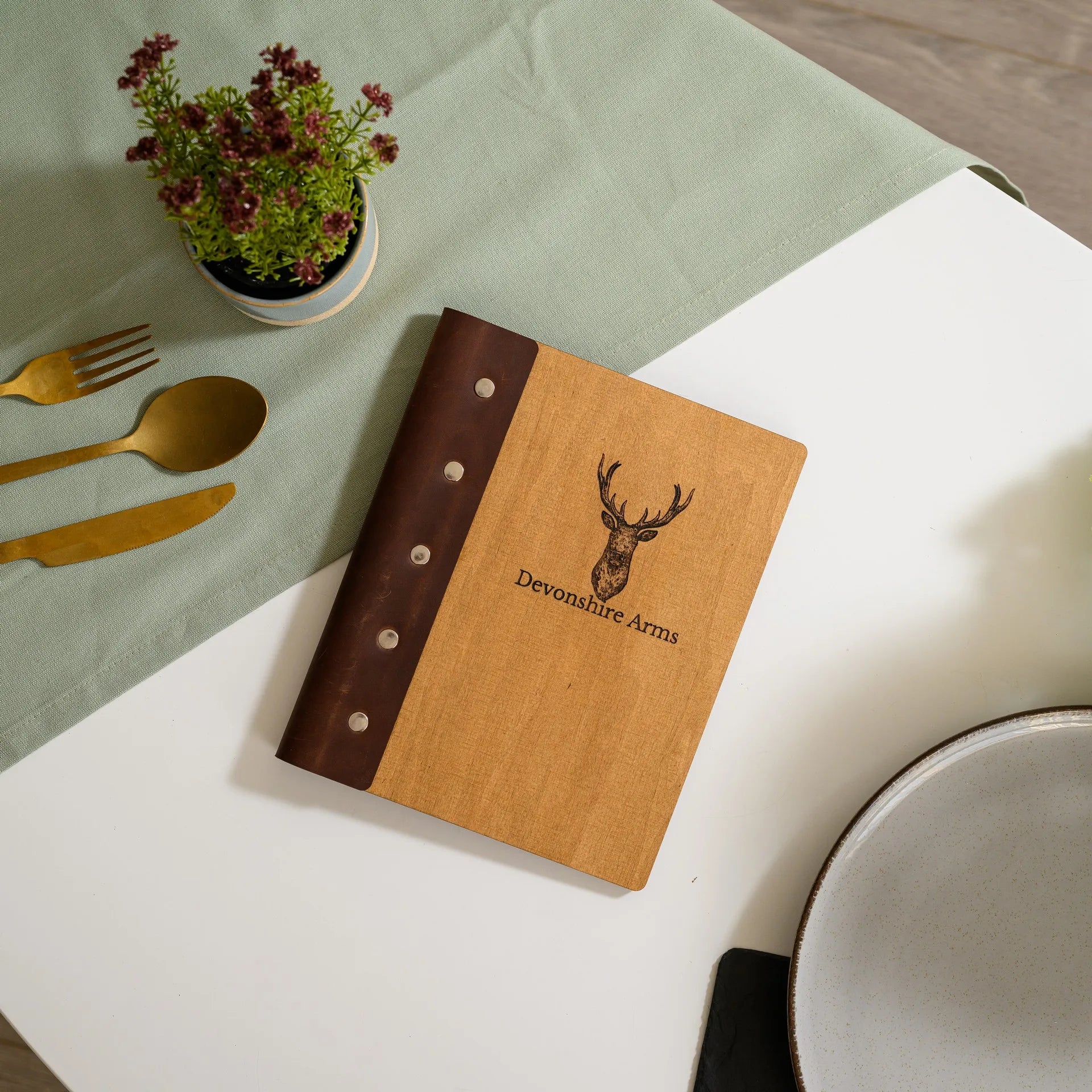 Leather-bound Wooden Menu Folder: Blends rustic charm with durability for an elegant touch.