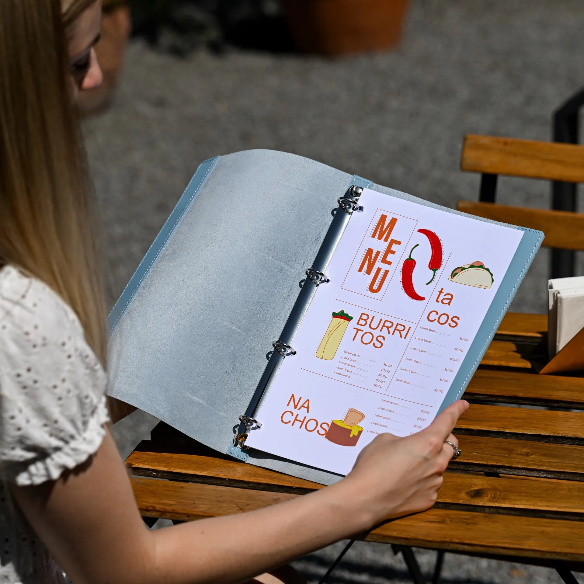 Custom leather menu folder with ring binder, designed to hold drink menus securely, featuring personalized logo embossing for a professional touch.