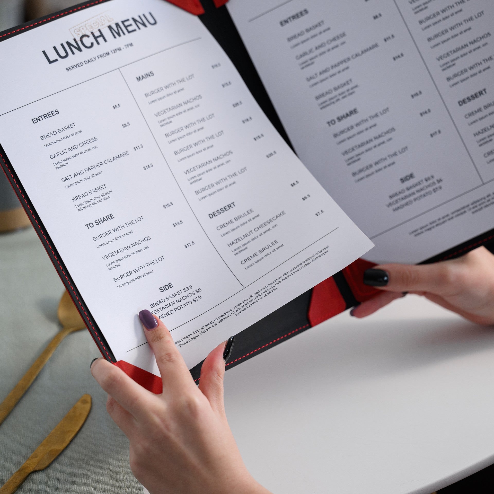 Sleek Menu Cover with Corner Mountings, ensuring a secure and stylish display for your menu items.