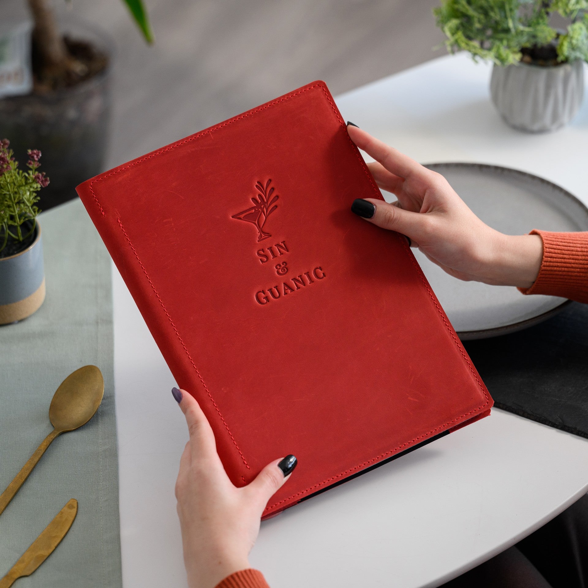 Elegant Leather Restaurant Menu Folder, enhancing your dining atmosphere with its refined charm and impeccable craftsmanship.