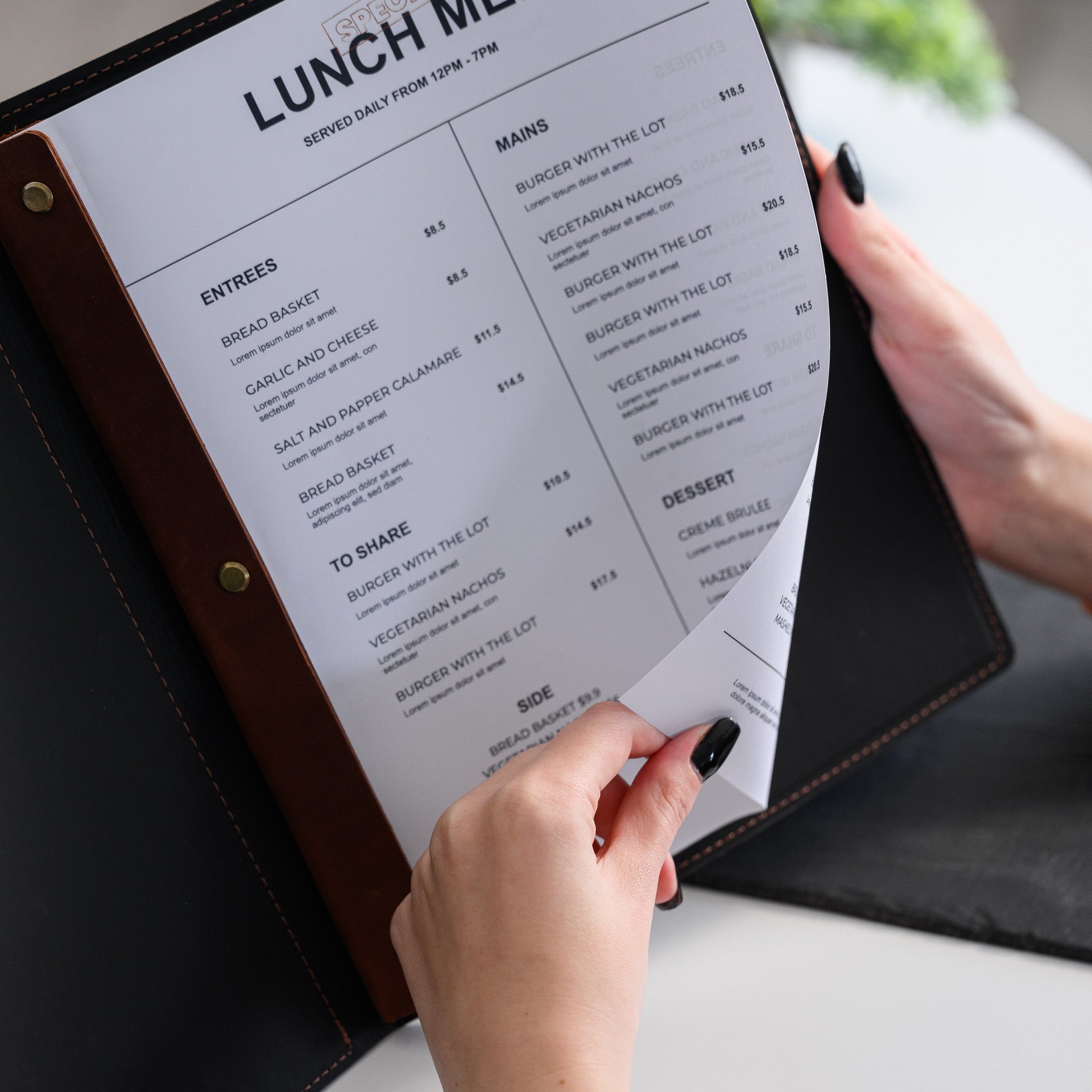 Present your menu in style with our menu folio, complete with elegant logo embossing.