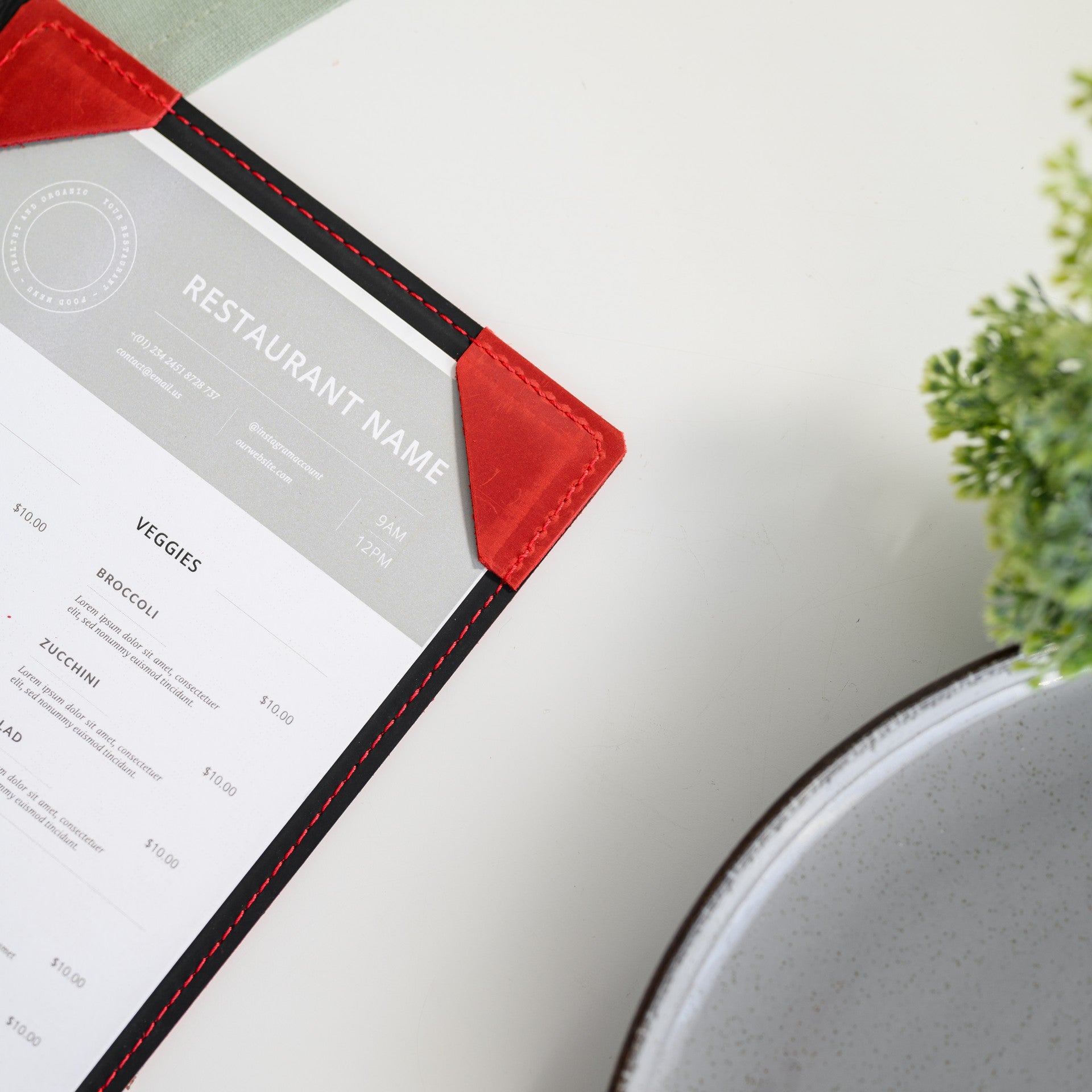 Modern Menu Cover with Corner Mountings, combining functionality with contemporary design for a sleek presentation.