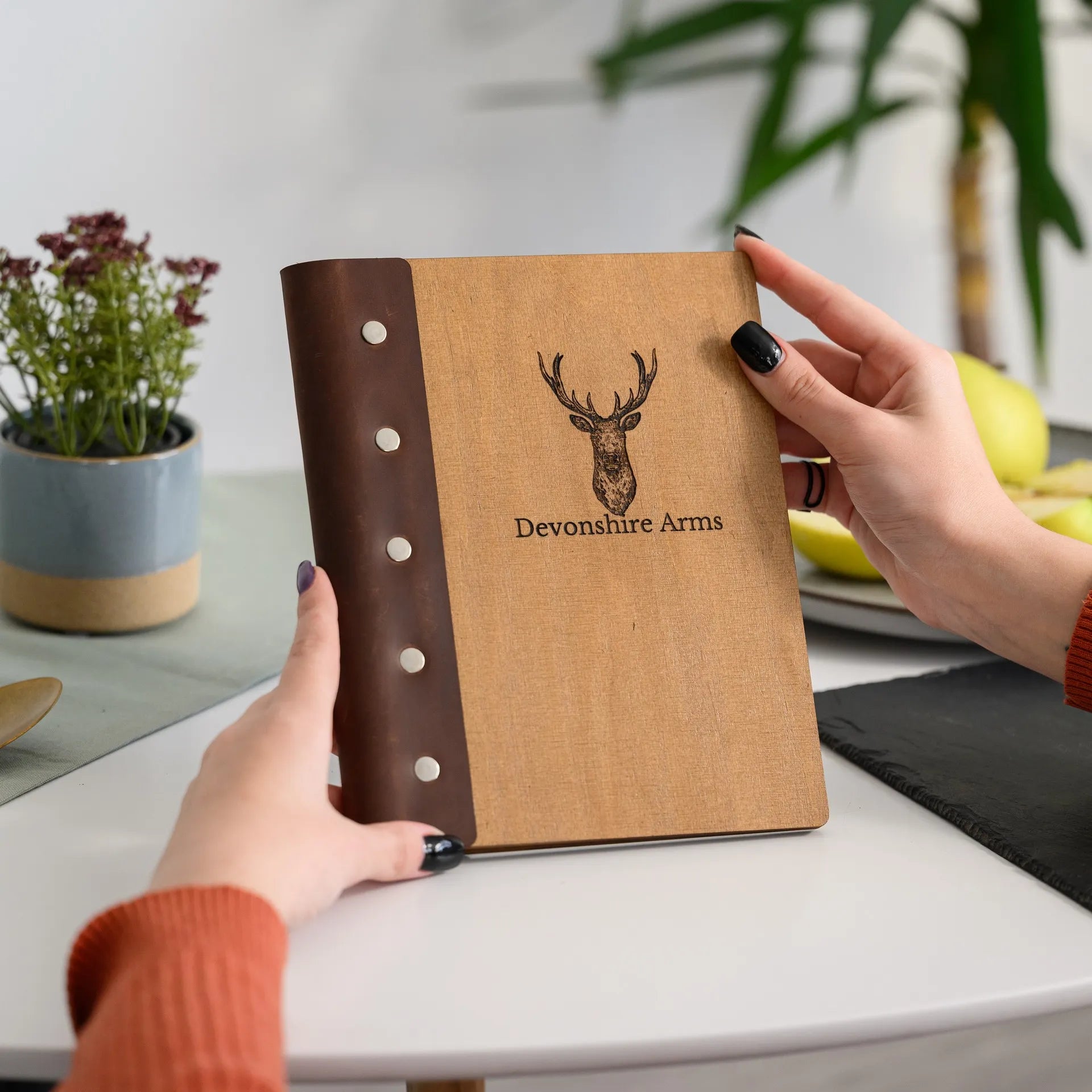 Wooden Menu Holder with Leather Spine (M03A5)