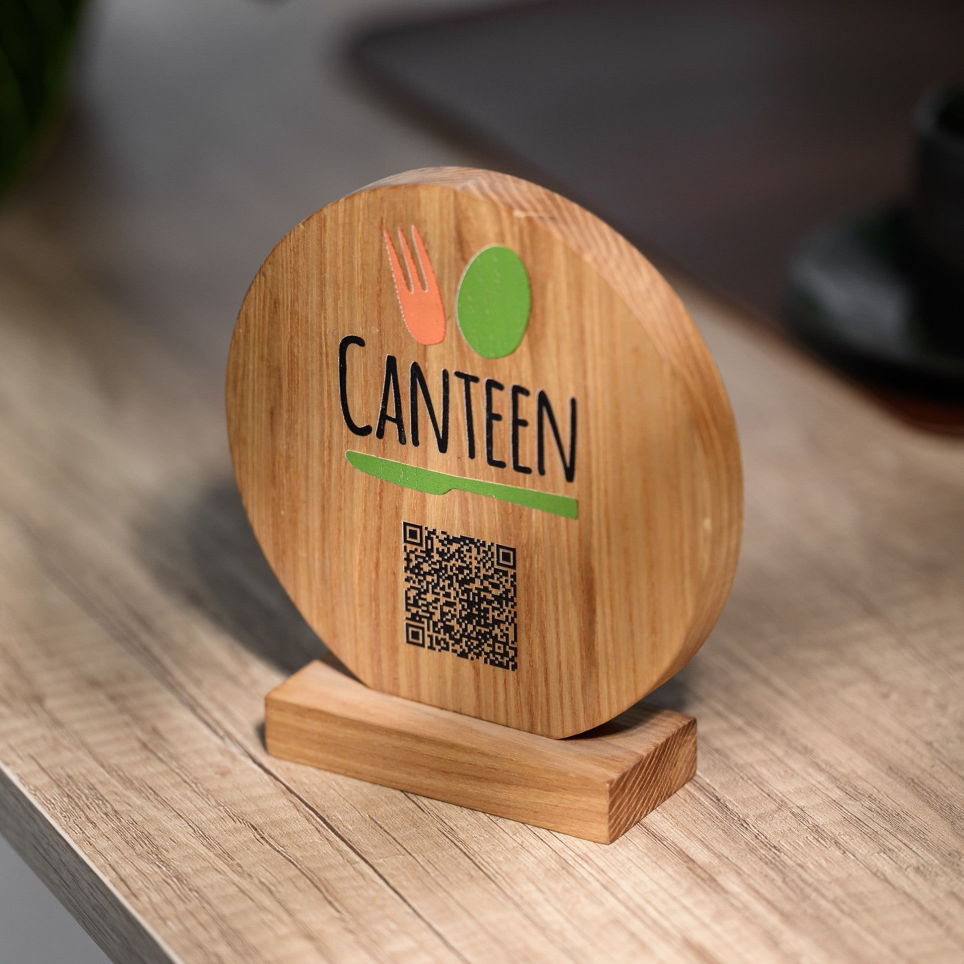 Wooden QR code menu sign with custom logo printing, offering a personalized and contactless menu display for modern dining experiences.