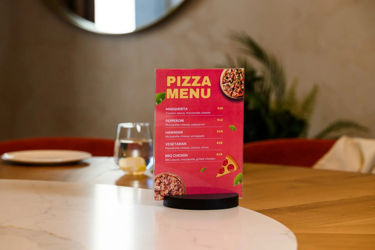 Acrylic Menu Holder on a round Black Oaken Base suitable for A5 or Half Letter sheets (TT422A5) - inkohoreca - shop