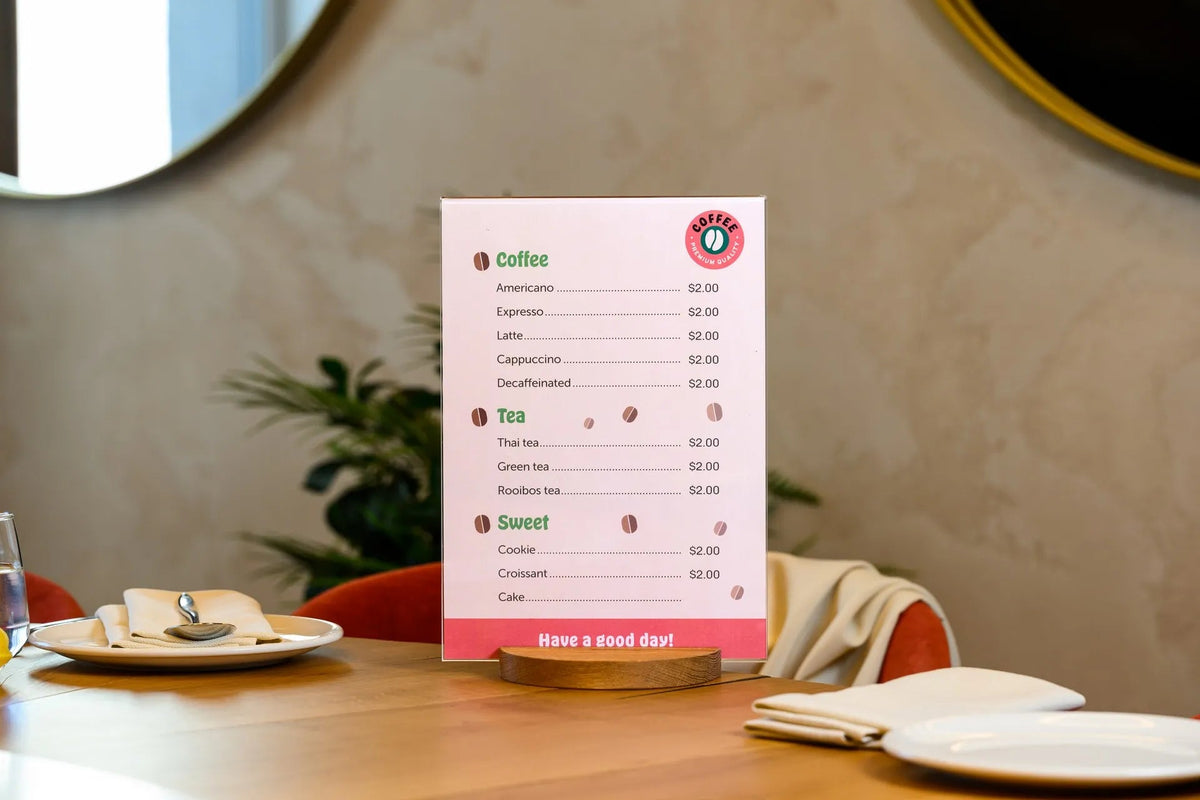Acrylic Menu Holder on a round Wooden Base suitable for A4 or Letter sheets (TT421A4) - inkohoreca - shop