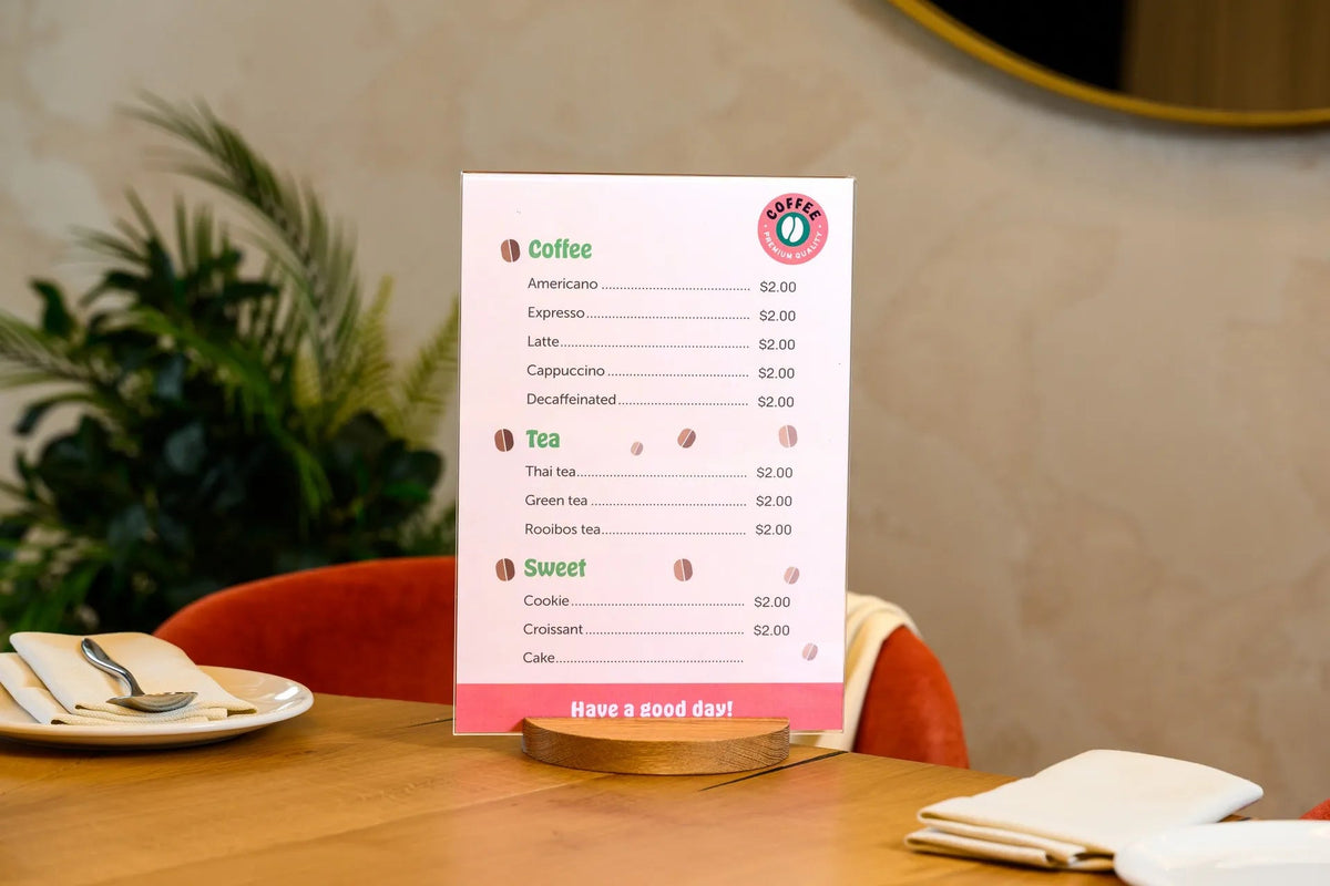 Acrylic Menu Holder on a round Wooden Base suitable for A4 or Letter sheets (TT421A4) - inkohoreca - shop