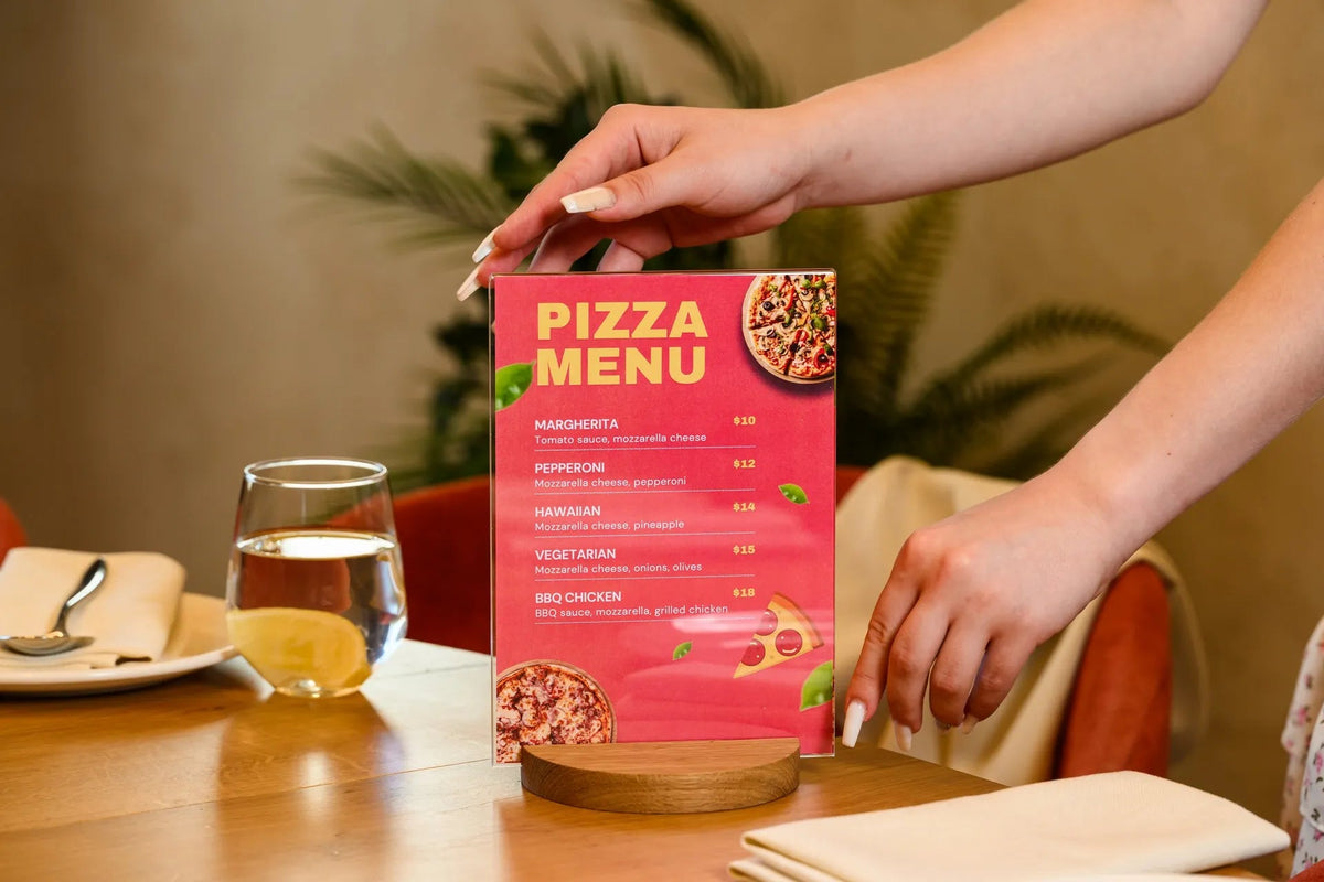 Acrylic Menu Holder on a round Wooden Base suitable for A5 or Half Letter sheets (TT421A5) - inkohoreca - shop