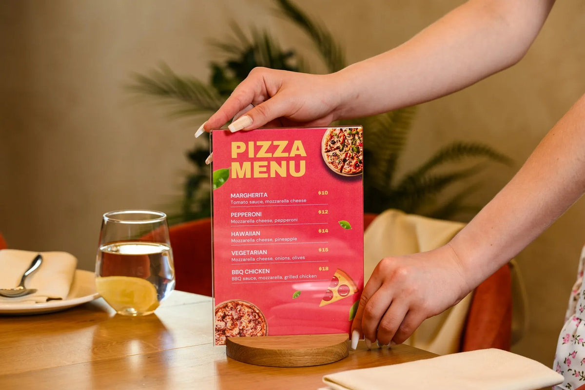 Acrylic Menu Holder on a round Wooden Base suitable for A5 or Half Letter sheets (TT421A5) - inkohoreca - shop