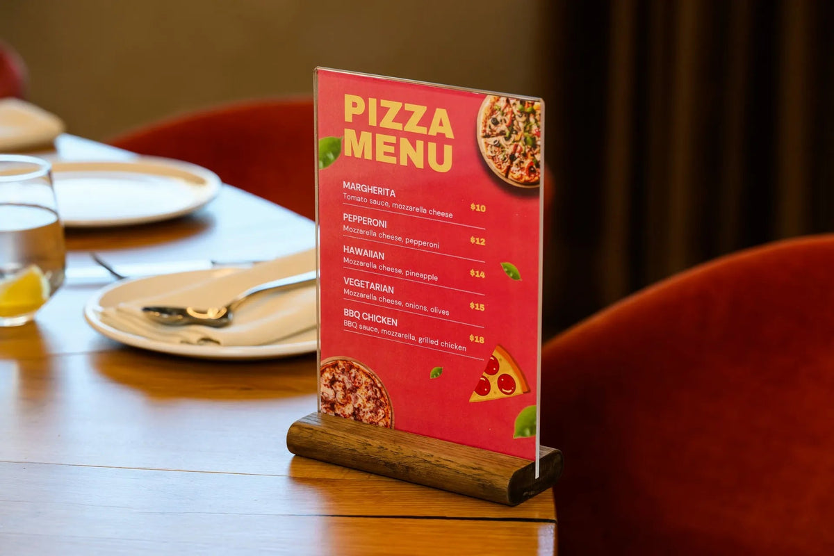 Acrylic Menu Holder on Brown Wooden Stand for A5 or Half Letter sheets (TT424A5) - inkohoreca - shop