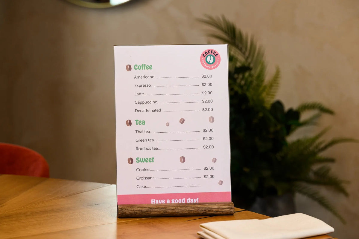 Acrylic Menu Holder on Brown Wooden Stand suitable for A4 or Letter sheets (TT424A4) - inkohoreca - shop