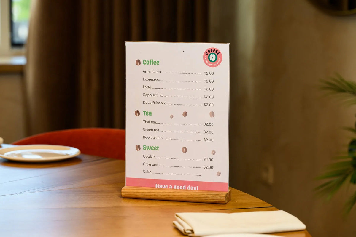 Acrylic Menu Holder on Oaken Stand suitable for A4 or Letter sheets (TT423A4) - inkohoreca - shop