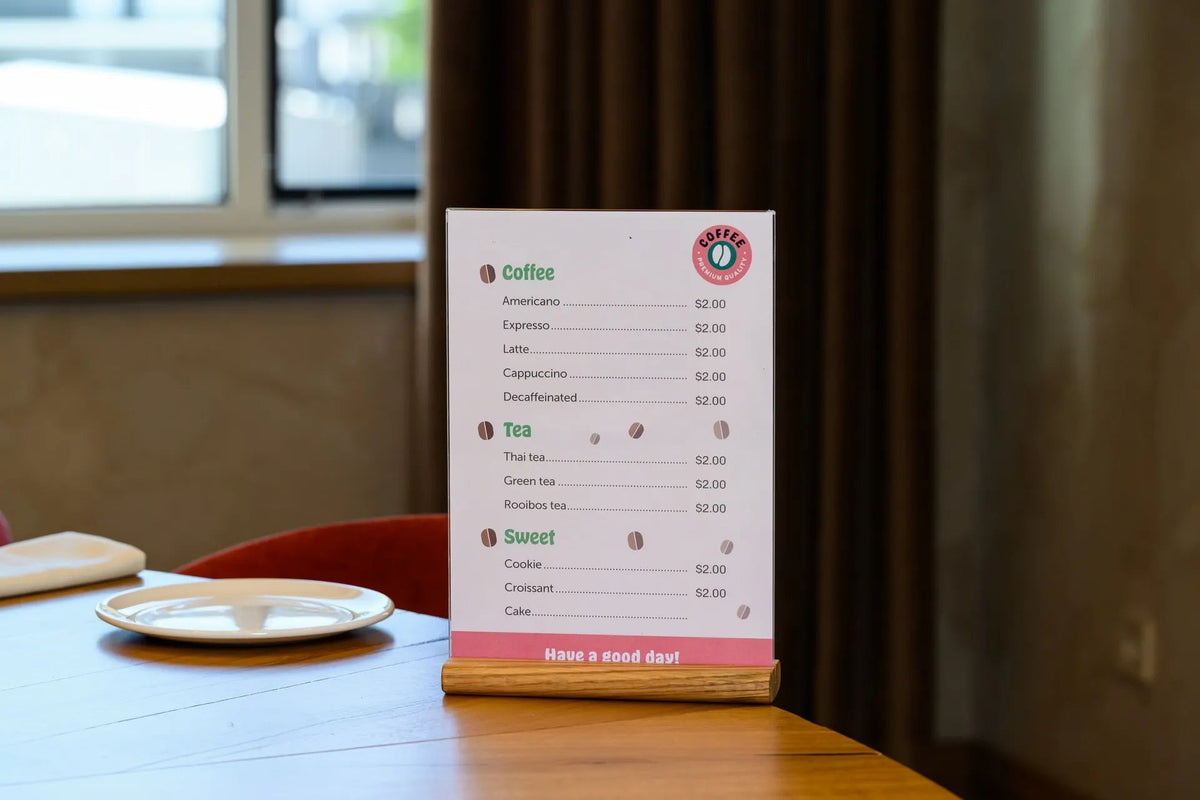 Acrylic Menu Holder on Oaken Stand suitable for A4 or Letter sheets (TT423A4) - inkohoreca - shop