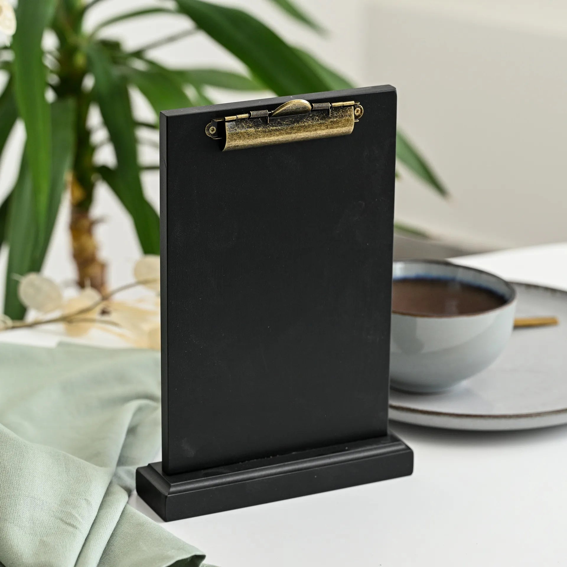 Black Table Stand Menu Holder for A5 sheets with Brass binder - inkohoreca - shop