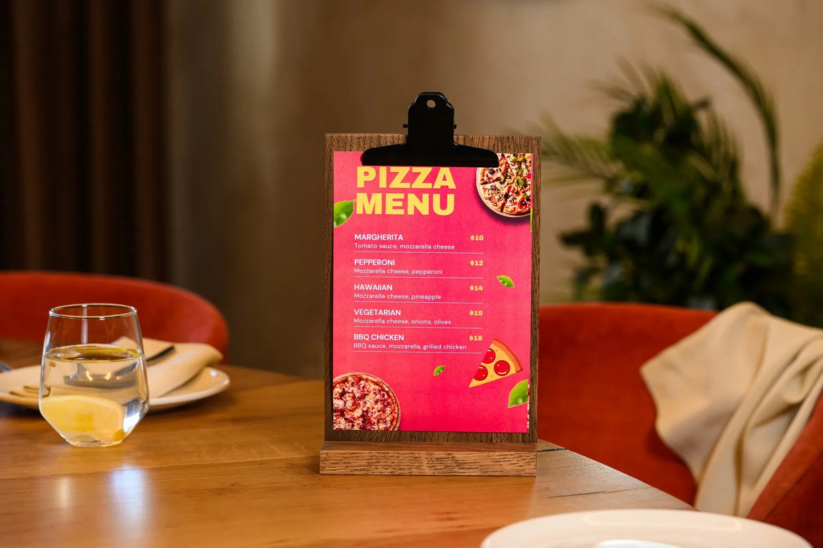 Brown Oaken Menu Holder with Coloured Clip suitable for A5 or Half Letter sheets (TT426A5) - inkohoreca - shop