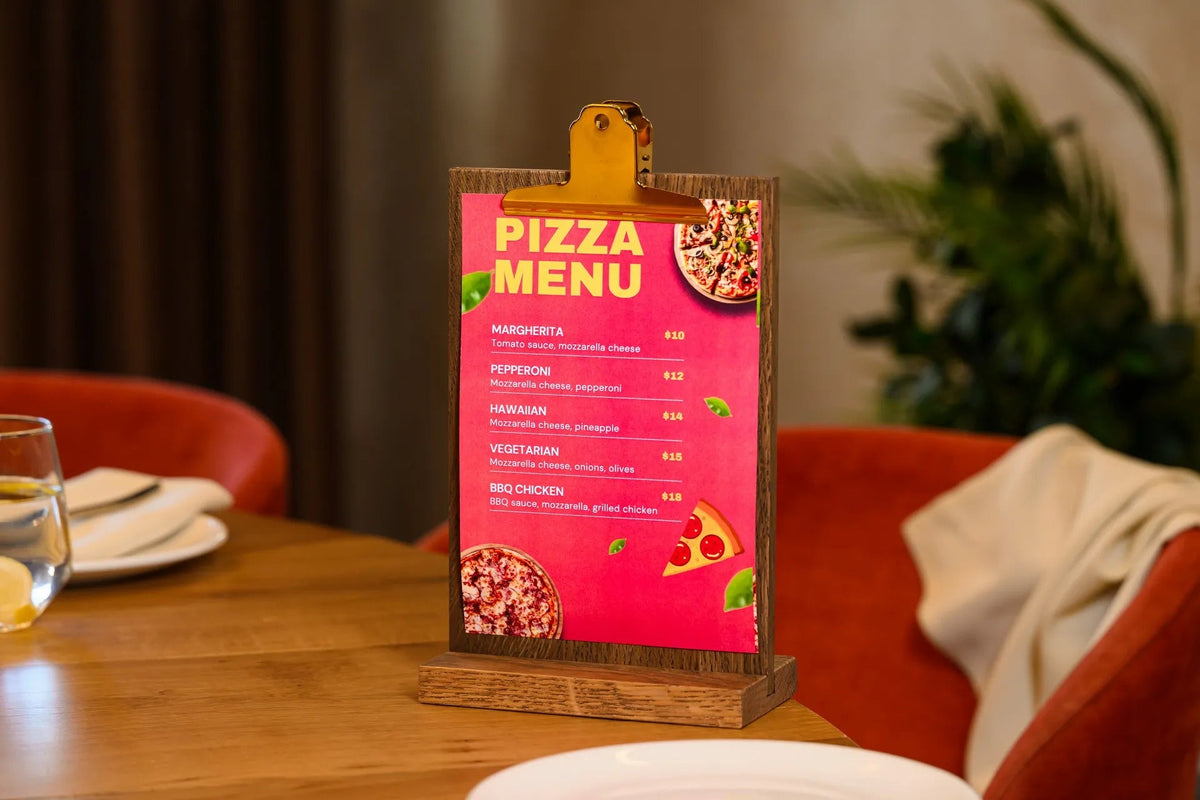 Brown Oaken Menu Holder with Coloured Clip suitable for A5 or Half Letter sheets (TT426A5) - inkohoreca - shop