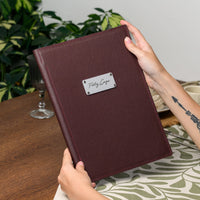 Milled Leather Menu Cover with Corner Mountings and Metal Logo Plate — Bordeaux