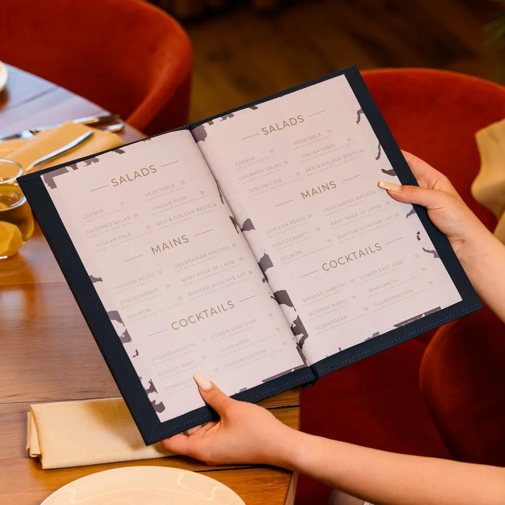 Custom Faux Menu Cover in Blue color (FM11A2-N) - inkohoreca - shop