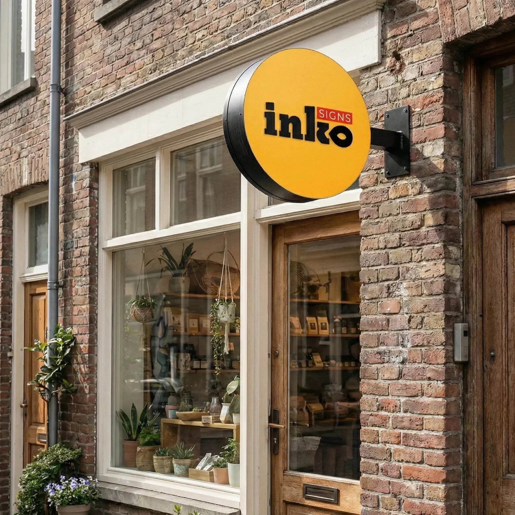 Brick building with a store front featuring a yellow 'inko' sign.