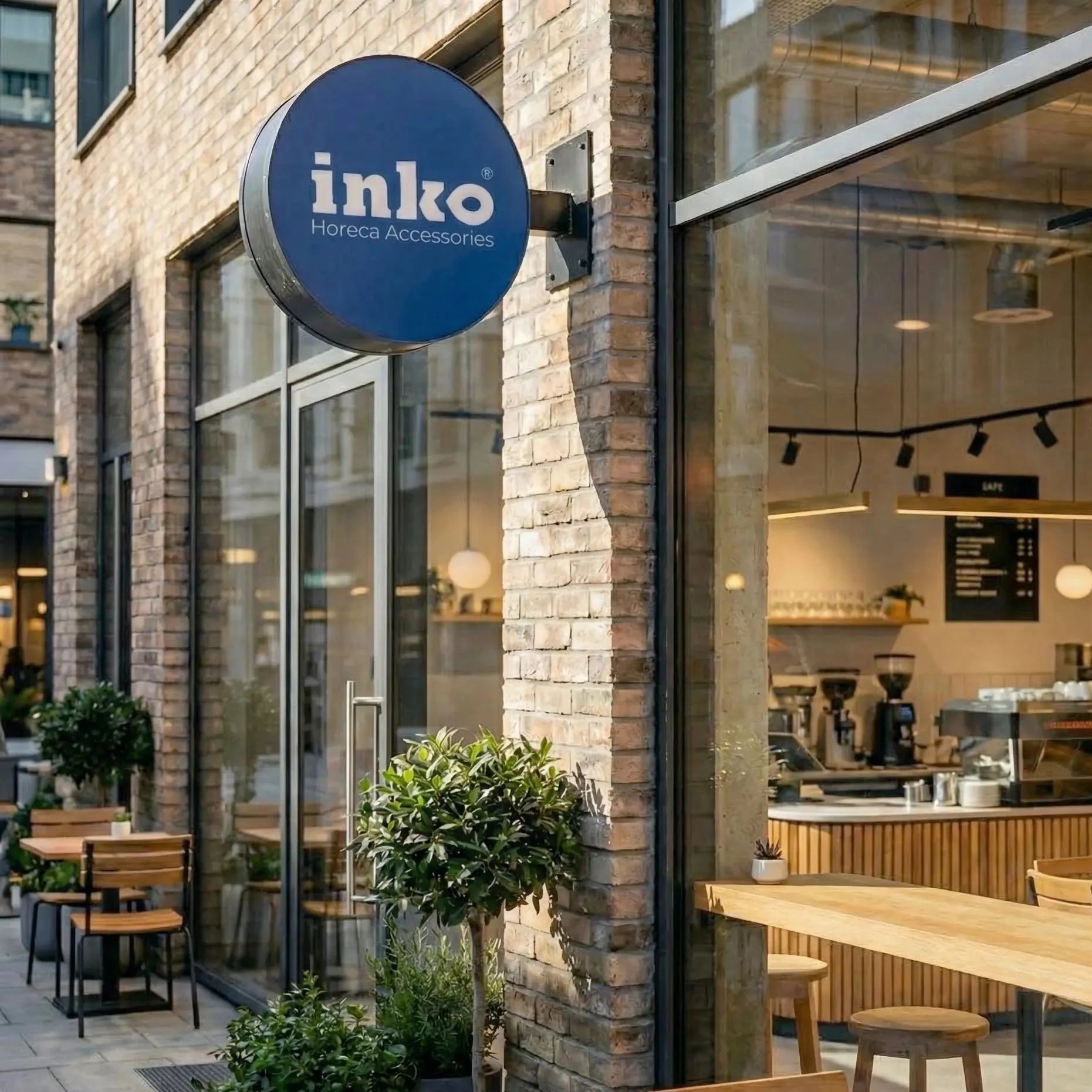 Café or store exterior with 'inko' sign and seating area
