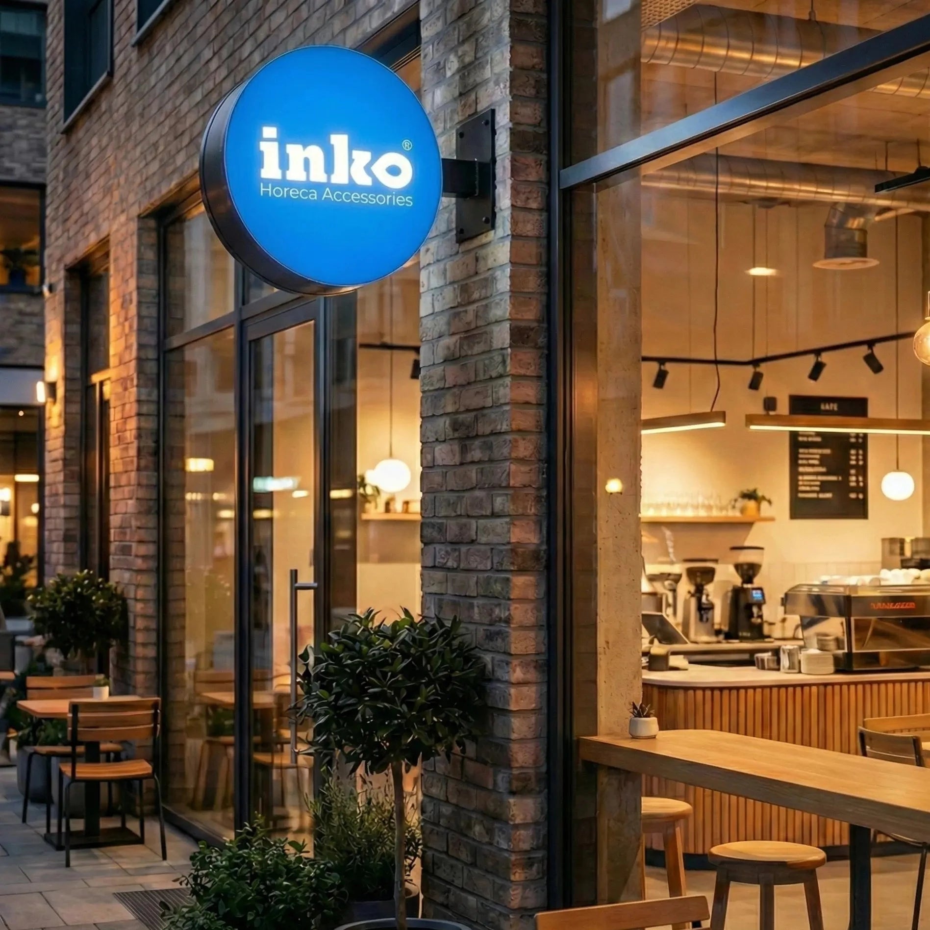 Restaurant exterior with 'inko' sign and indoor seating area.