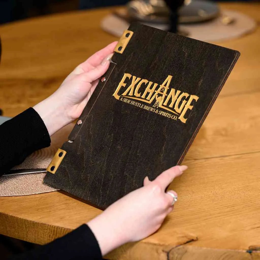 Custom Wooden Menu with Golden Engraving and Golden Leather (M02A2-Gold) - inko-shop