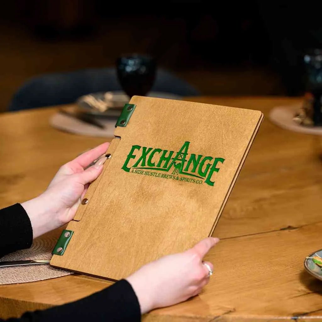 Custom Wooden Menu with Green Engraving and Green Leather (M02A2-G) - inko-shop