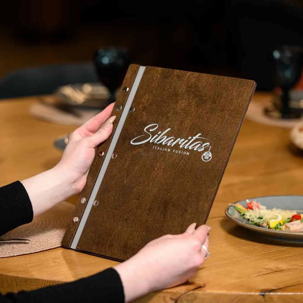 Custom Wooden Menu with Lavender Engraving and Red Leather (M01A2-L) - inko-shop
