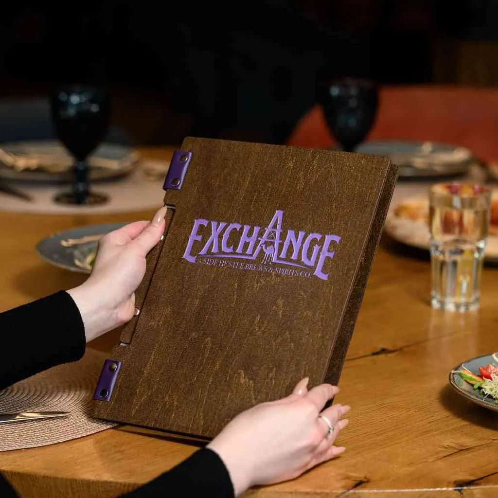 Custom Wooden Menu with Purple Engraving and Purple Leather (M02A2-P) - inko-shop
