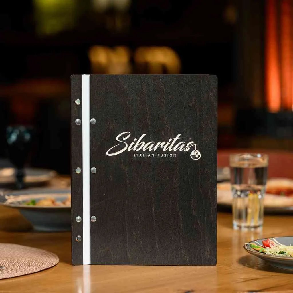 Custom Wooden Menu with White Engraving and White Leather (M01A2-W) - inko-shop