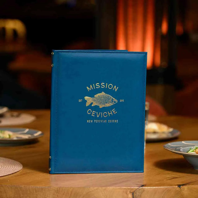 Menu covers with elastic band & corner mountings for Mission Ceviche