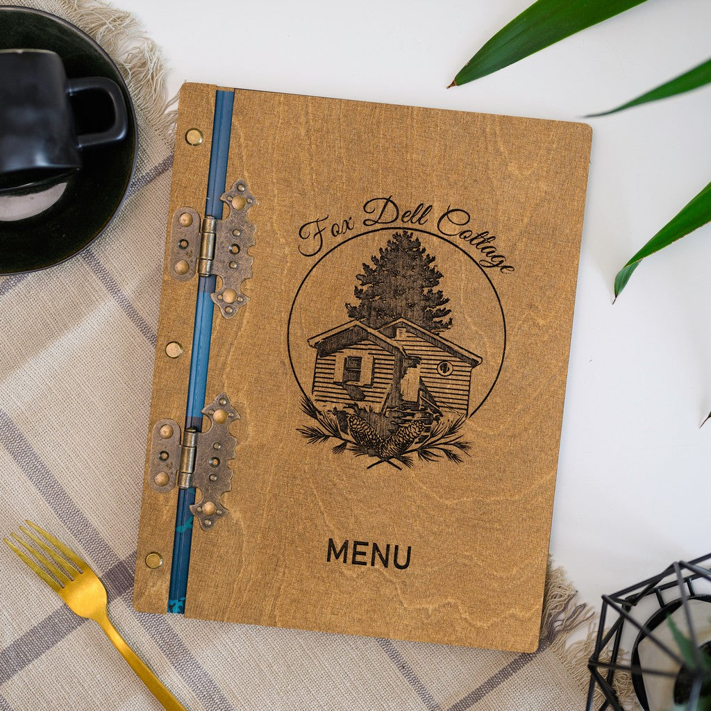 Wooden Menu Holder with Hinges: Combines durability and charm for a rustic look.