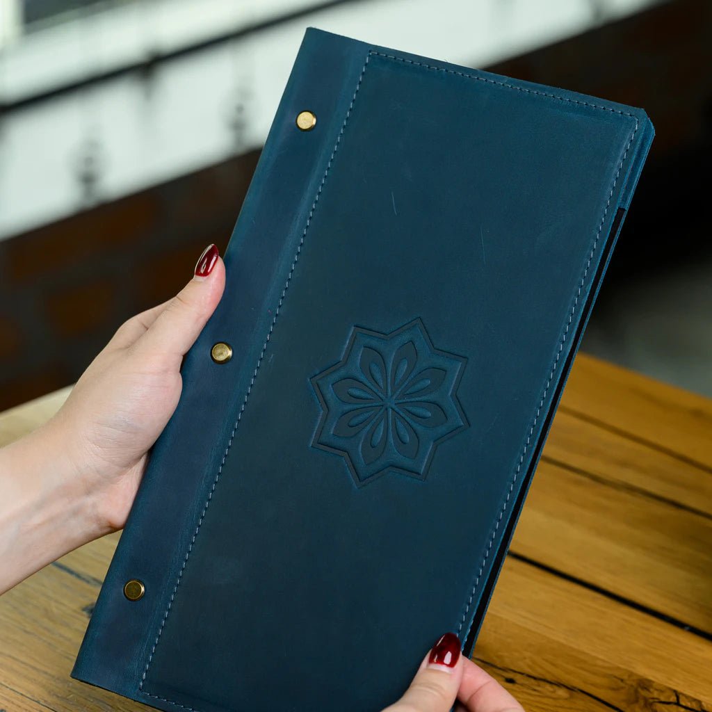 Hardcover Leather Menu Holder With Screws and Corner Fixings suitable for Custom sheets (LM10A6) - inkohoreca - shop