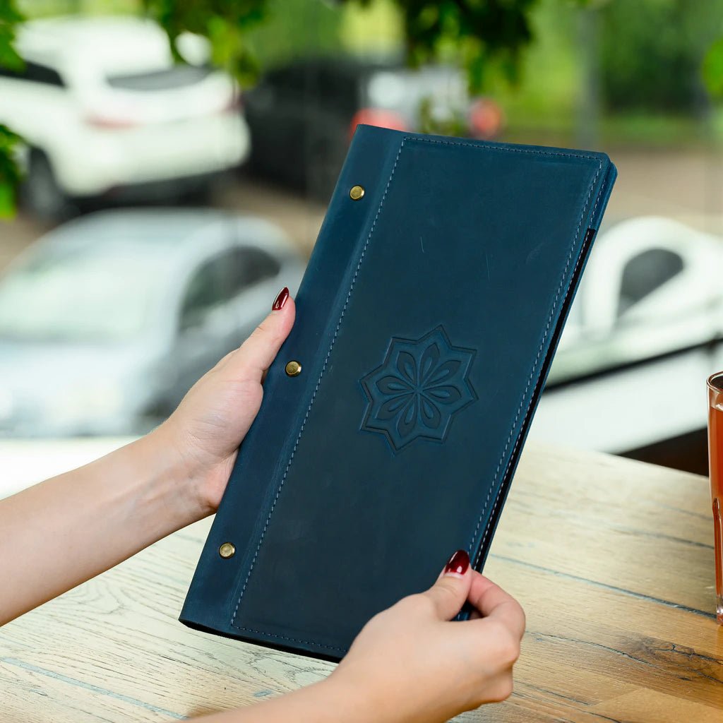 Hardcover Leather Menu Holder With Screws and Corner Fixings suitable for Custom sheets (LM10A6) - inkohoreca - shop