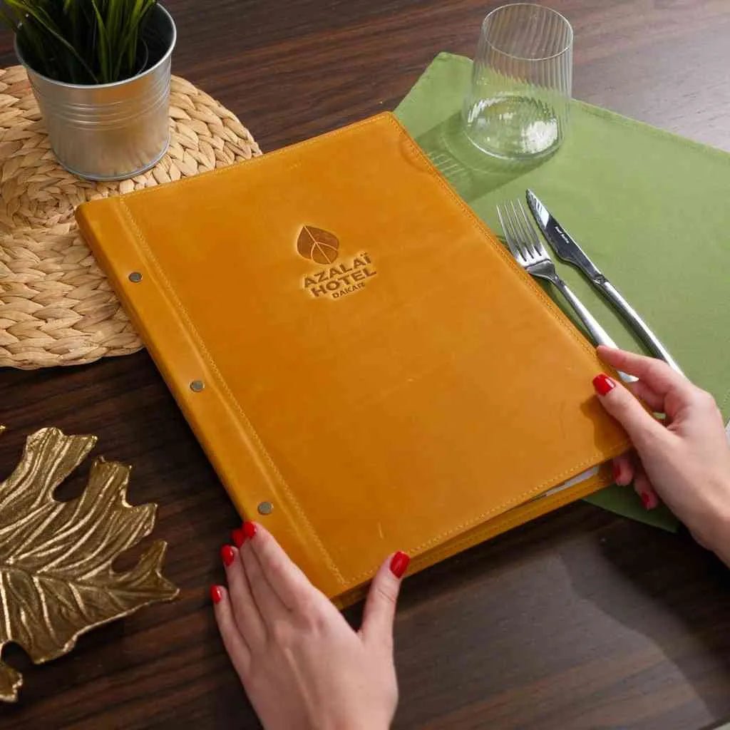 Hardcover Leather Menu Holder With Screws and Corner Fixings suitable for Legal Sheets (LM10A1) - inkohoreca - shop