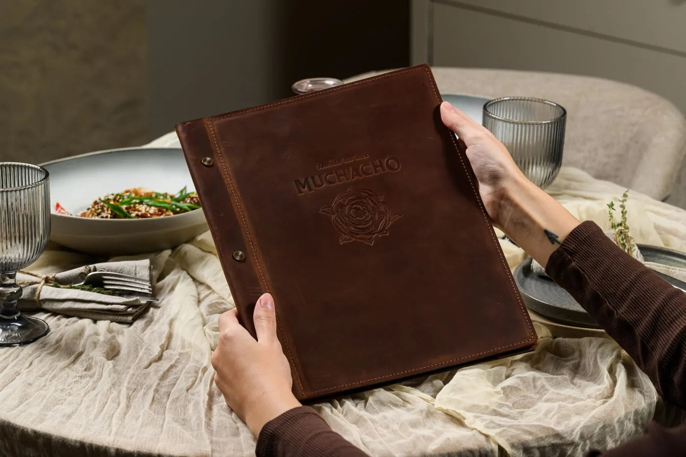 Distressed leather menu cover · decorative screws